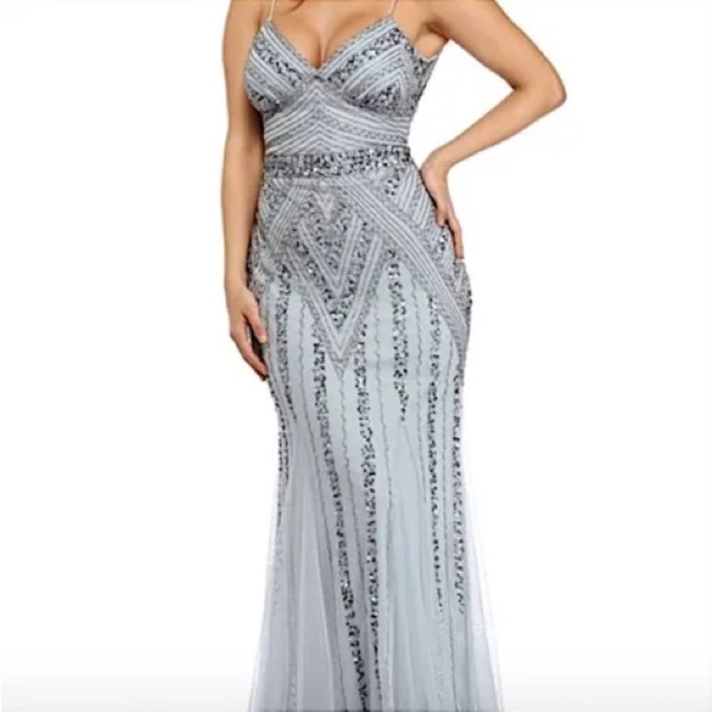 MARINA Silver Beaded Maxi Dress